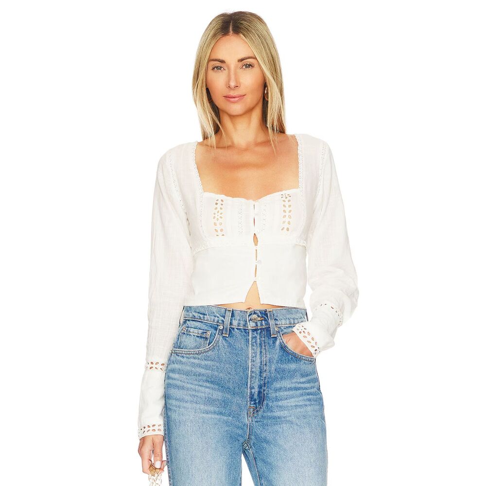 Free People Joi Blouse Long Sleeve Square Button Neck Eyelet Detail White Size M